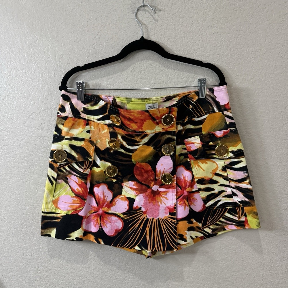 Vintage 90s Cache Skirt Skort 12 Animal Floral Print Asymmetrical Button Retro
